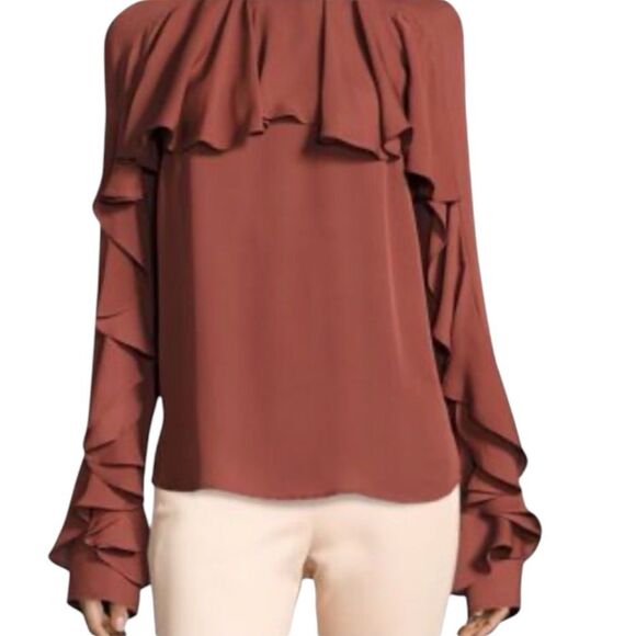 Veronica Beard Mia Silk Ruffle Blouse Burt Orange Brown Semi Sheer Lux Size 2 - Picture 3 of 13